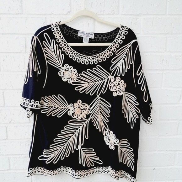 LAUREN MICHELLE Woman Plus Stretchy Knit Ribbon Metallic Embroidery Top sz: 2X - Picture 1 of 8